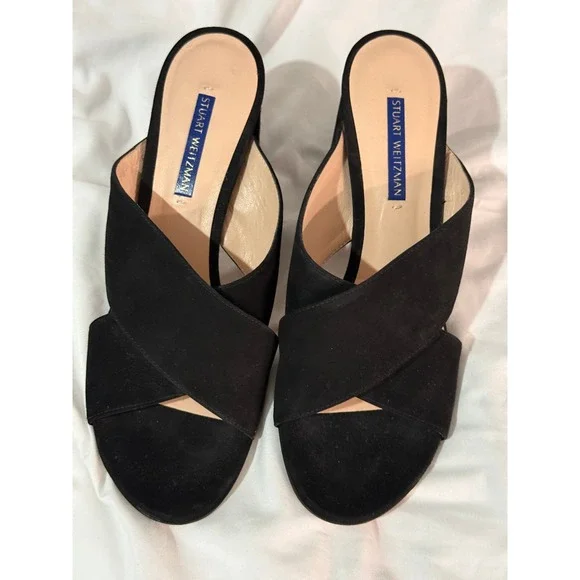 Stuart Weitzman Galene Black Suede Block Heel Mules Open Toe Sandals Spain 8.5 - Picture 10 of 10